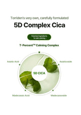Advertisement for Torriden's 5D Complex Cica with botanical elements and text on a white background