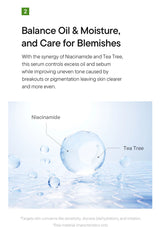Advertisement for a skincare serum with Niacinamide and Tea Tree, featuring text and a blue water droplet graphic.