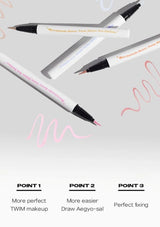 Three markers with text on a light gray background