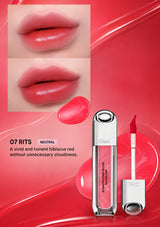 Lipstick with packaging and close-up of lips wearing the shade on a white background