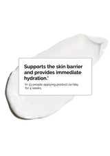 Product smear with text about skin barrier support and immediate hydration on a white background