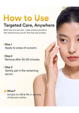 An informational skincare graphic with the headline 'How to Use Targeted Care, Anywhere' and step-by-step usage instructions, alongside a close-up photo of a woman applying a circular patch to her cheek.