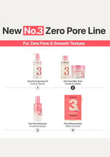 A promotional collage for HUMBUSH New No.3 Zero Pore Line skincare, showing four products arranged in a 2x2 grid: Zero Pore Cleansing Oil, Zero Pore Milky Toner, Zero Pore Moisturizer, and Zero Pore Softening Mask, with pink and white packaging on a light background.