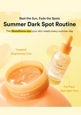 Abib summer dark spot routine skincare set featuring a brightening eye patch jar and a full-face serum dropper bottle, set against a warm yellow and orange background with promotional text.