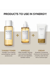 Three skincare products with labels and descriptions on a beige background