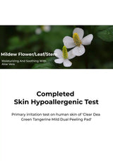 A text-heavy product information graphic with a small photo of white flowers on a leafy green stem at the top and black text reading 'Completed Skin Hypoallergenic Test' and 'Primary irritation test on human skin of Clear Dea Green Tangerine Mild Dual Peeling Pad' on a white background.