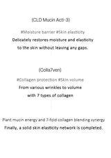 A text-based informational graphic on a white background describing skincare benefits for (CLD Mucin Acti-3) and (Colla7ven), with headings and bullet points in black text.