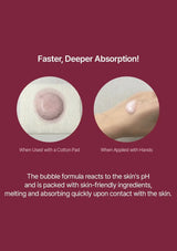 A maroon informational graphic with white text reading 'Faster, Deeper Absorption!' and two circular inset photos showing a pink gel-like product on a cotton pad versus applied to skin. Additional text explains deeper absorption and pH reaction.