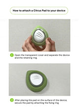 Instruction graphic showing how to attach a green citrus-shaped pad to a device, with two labeled steps and a hand holding the product in the first photo.