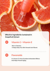 Grapefruit extract with slices and text about effective ingredients