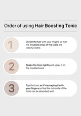 Instructions for using hair boosting tonic on a light gray background