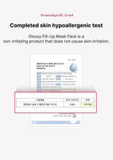 Advertisement for Glossy Fill-Up Mask Pack with text about skin hypoallergenic test and non-irritating properties.