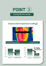 Advertisement for skin cooling technology with thermal imaging and temperature improvement graphs on a light gray background.