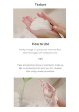 Instructions on using a facial cleanser with text and images of hands holding and applying the product.