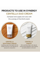 Centella Duo Cream with two bottles shown, one on a wooden surface and the other on a white background.