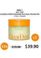 ClearDea Green Tangerine Mild Dual Peeling Pad packaging with promotional text on a white background