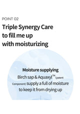 Text describing triple synergy care with moisturizing benefits on a white background