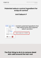 Advertisement for Anti Sebum P with patented sebum control ingredient details on a white background.