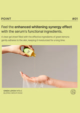 Serum being poured onto a hand with text about the serum's benefits on a yellow background.