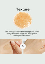 Orange-colored microcapsules forming on skin with text describing their texture and application.