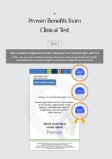 Clinical test results for skin condition improvement with a product, on a light gray background.