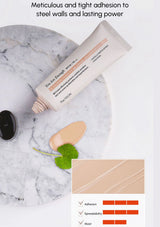 Cosmetic product with text about adhesion to steel walls on a marble surface