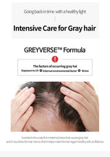 Advertisement for GREYVERSE™ Formula targeting gray hair care with text and a person touching their head.