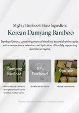 Advertisement for Korean Damyang Bamboo with text and images of bamboo, panthenol, and squalane.