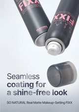 Two tubes of SO NATURAL Real Matte Makeup-Setting FIXX on a light gray background with text about a shine-free look.
