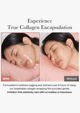 Advertisement showing a woman with and without collagen wrapping film on her face, highlighting the product's benefits.