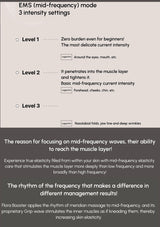 Technical specifications of EMS (mid-frequency) mode with intensity settings on a gray background