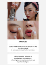 Collage of a woman applying makeup with a lip product, featuring text about its multi-use application.