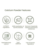 Calcium powder features with icons and text on a white background