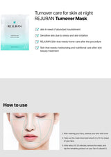 REJURAN Turnover Mask advertisement with product image, benefits, and usage instructions.