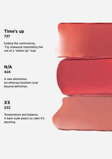 Three shades of pink lip color with descriptive text on a white background