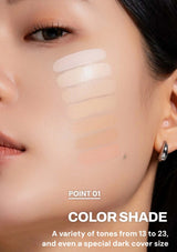 Close-up of a person's face with makeup swatches applied, showing color shade options.
