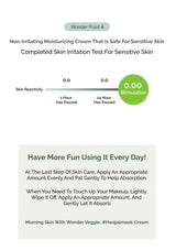 Product label for a non-irritating moisturizing cream safe for sensitive skin with test results and usage instructions.