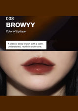 Lipstick color swatch labeled '008 Browyy' with a description of color and shade.