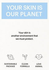 Sustainable skincare product packaging with text 'Your skin is our planet' and icons for sustainability, clean formula, and animal love.