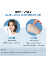 Instructions on how to use Hyalu-Cica sleeping pack with a woman and hand applying the product.