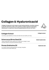 Product description card for collagen and hyaluronic acid with ingredients listed.