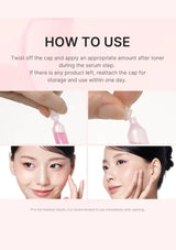 Instructions on how to use a skincare product with text and images of a woman applying it.