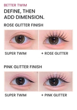Four eye makeup comparisons pairing Super Twim liner with Better Twim glitter accents