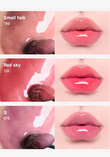 Lipstick swatches on a pink background with 'Small talk' and 'Red sky' labels.