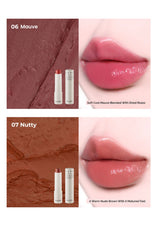 Lipstick shades 06 Mauve and 07 Nutty with swatches and close-up of lips.