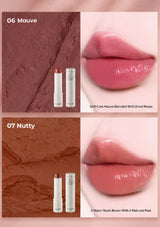 Lipstick shades 06 Mauve and 07 Nutty with swatches and close-up of lips.