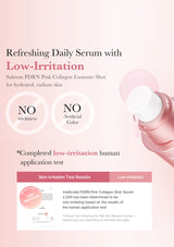 Advertisement for a salmon PDRN Pink Collagen Exosome Shot serum with text highlighting benefits on a pink background.