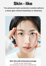 Person touching their face with a focus on skin texture, text about advanced hydro-protection solution.