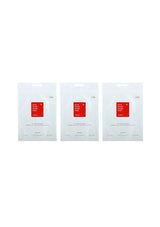 Three white face mask packages with red labels on a white background