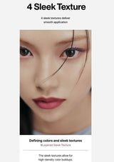 Close-up of a person's eye with makeup, featuring sleek texture text above.